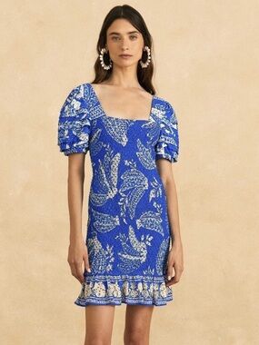 FARM Rio Royal Blue Smocked Banana-Print Broderie Mini Dress